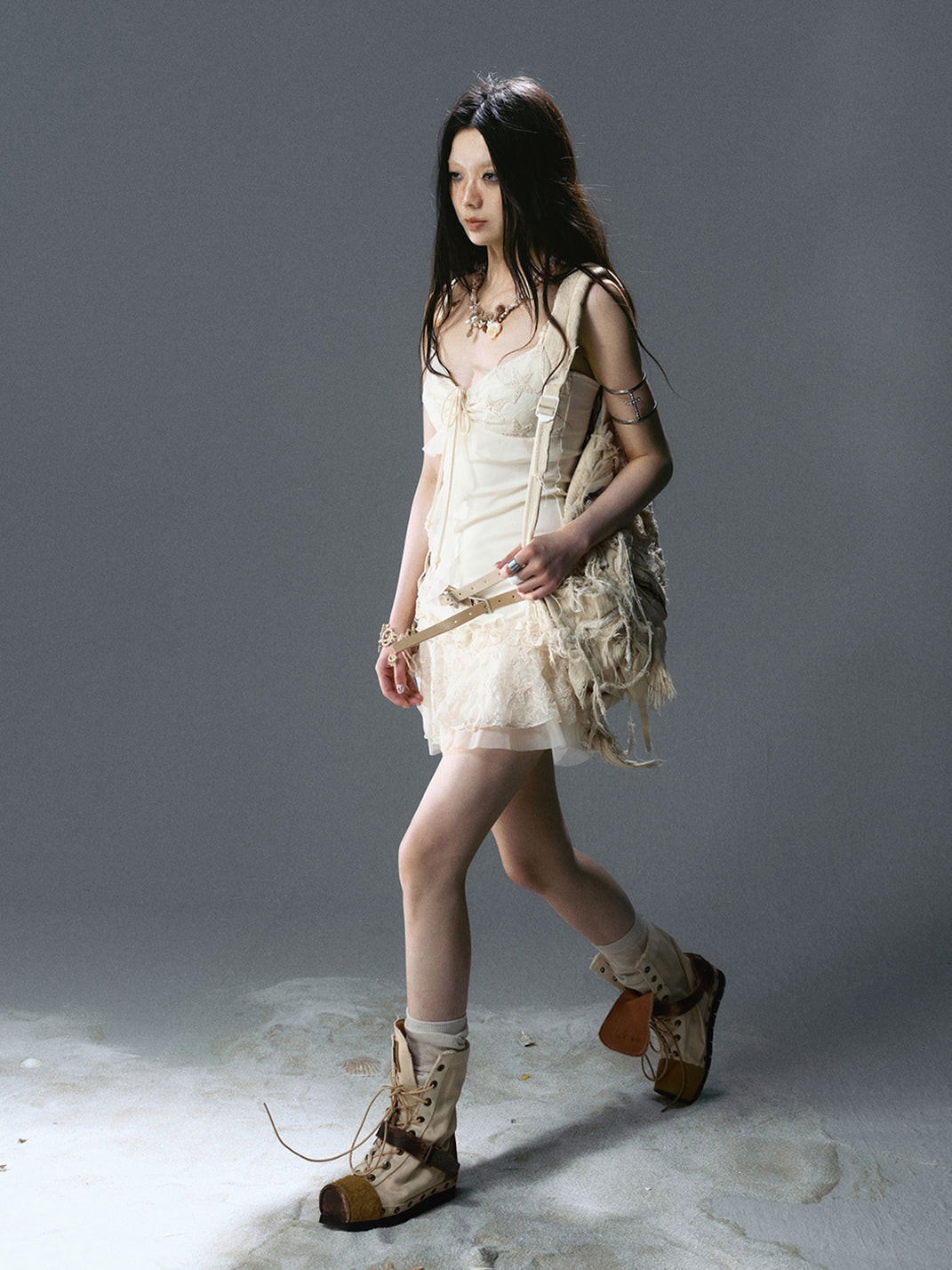 CestNous|Ruffled Mesh Strap Dress with Belt-White - PSYLOS 1, CestNous|Ruffled Mesh Strap Dress with Belt-White, Dress, CestNous, PSYLOS 1